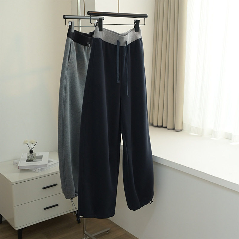 藏青色直筒遛弯阔腿裤女春季撞色束脚卫裤子小个子美式柳叶弯刀裤