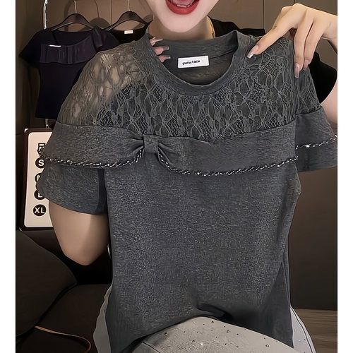 2026年蕾丝拼接镶砖圆领短袖T恤女春夏新款时尚百搭休闲显瘦0417k