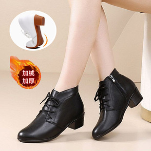 秋冬季中帮短靴真皮舞蹈鞋时尚广场舞鞋妈妈鞋加绒保暖皮靴女中跟