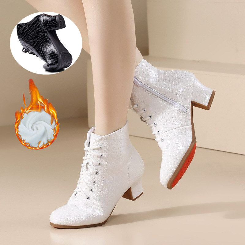 秋冬季亮皮短靴侧拉链高帮真皮舞蹈鞋软底广场舞鞋水兵中跟加绒女