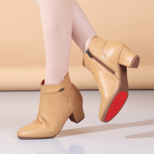 春秋高帮时尚真皮舞蹈鞋软底广场舞鞋交谊舞水兵侧拉链中跟女短靴