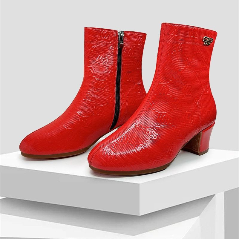 羊皮面秋冬季时尚高帮真皮跳舞靴子女士交谊舞广场舞舞蹈鞋中跟鞋