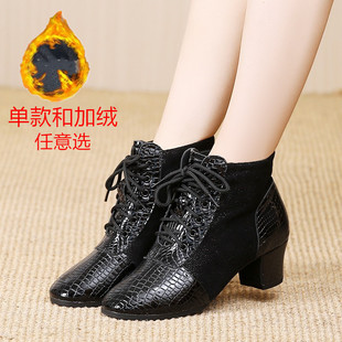 秋冬季高帮靴真皮舞蹈鞋软底女广场舞鞋交谊舞黑色加绒水兵中跟鞋