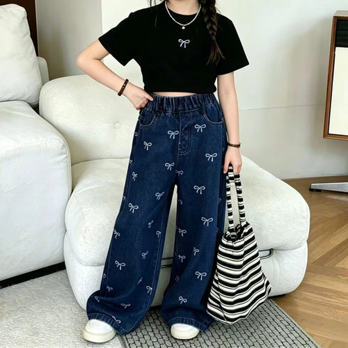 女童中腰蝴蝶结牛仔阔腿长裤