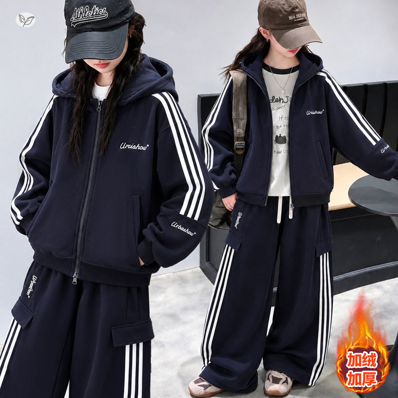 女童加绒卫衣休闲套装秋冬装中大童新款连帽衫上衣运动裤子两件套