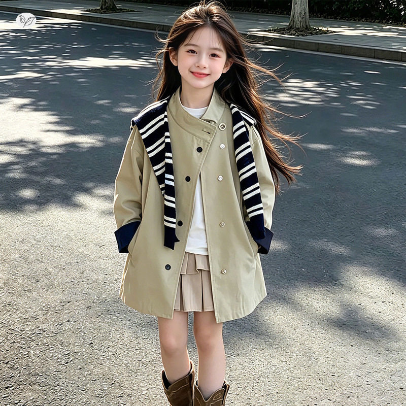 女童中长款风衣2026秋季新款中大童韩系条纹披肩大衣外套儿童开衫