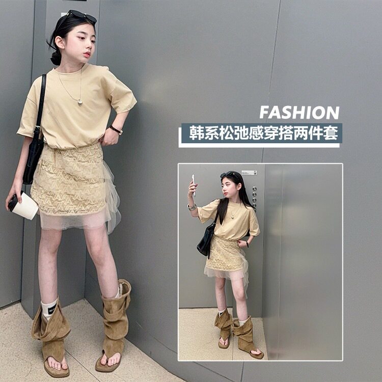 女童2026年夏季新款韩版松紧腰连衣裙叠穿蕾丝荷叶边半身裙两件套