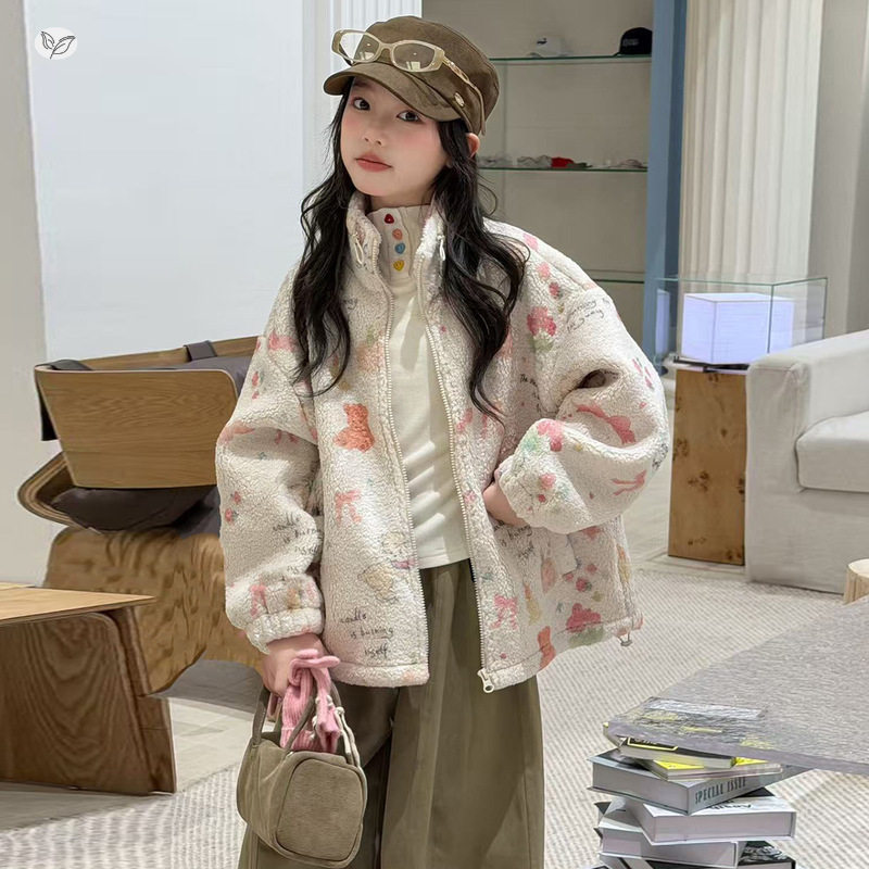 女童加绒加厚毛毛衣外套2026秋冬新款中大童卡通印花立领开衫冬装