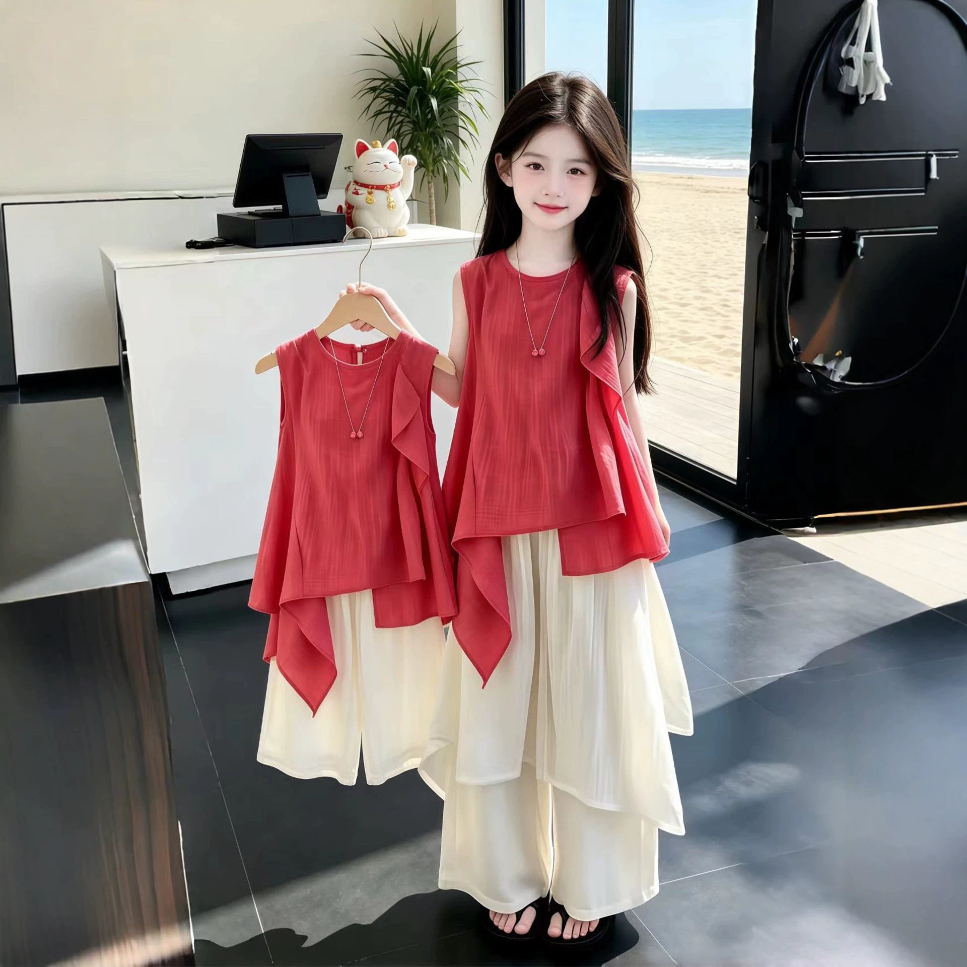 女童夏季套装2026新款儿童红色娃娃衫上衣女孩夏装不规则裙裤两件
