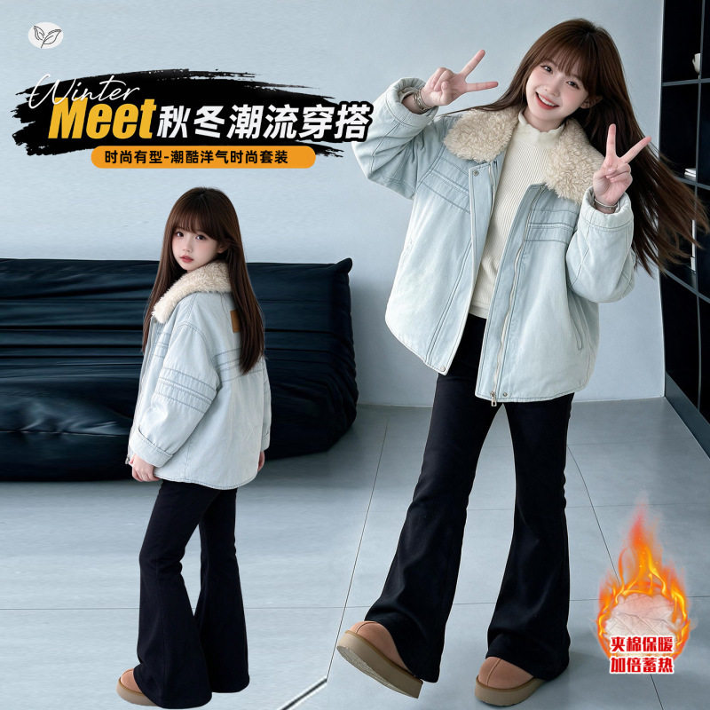 女童牛仔夹棉外套中大童秋冬加厚羊羔毛领棉服儿童宽松保暖上衣潮