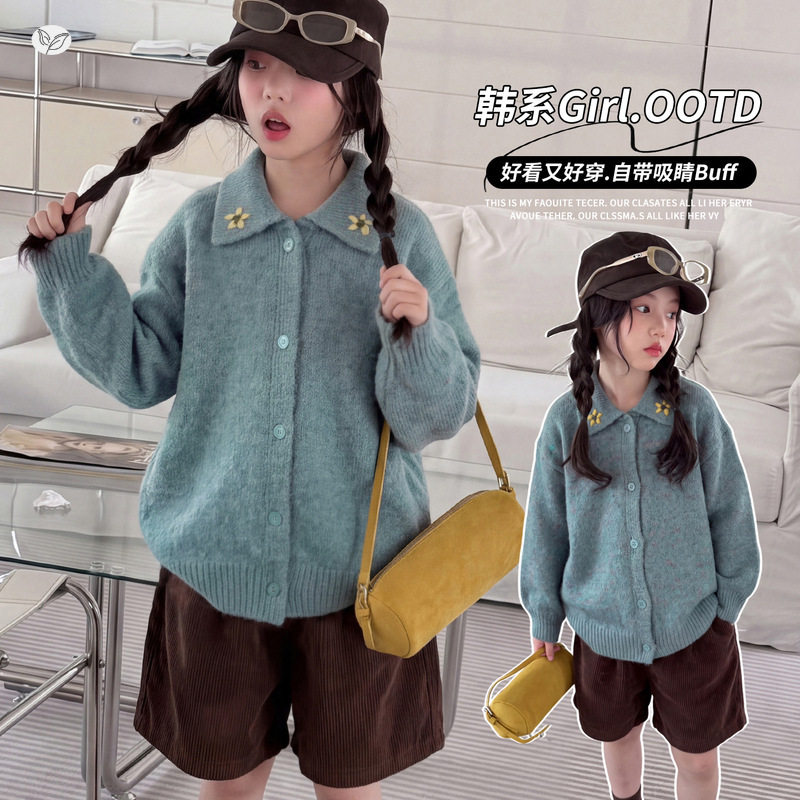 女童秋深秋新款田园风POLO领毛衣中大童加厚针织衫学生开衫外套潮