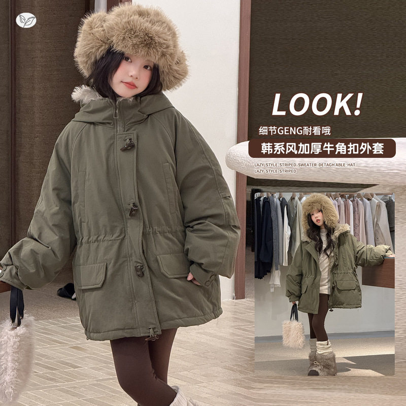 女童冬季新品加绒加厚牛角扣羊圈绒连帽棉服中大童时尚中长款外套