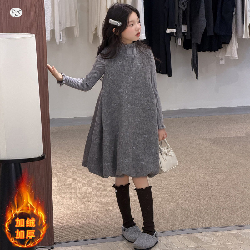 女童冬款2026韩系甜美毛呢背心裙中大童荷叶边毛衣打底内搭套装