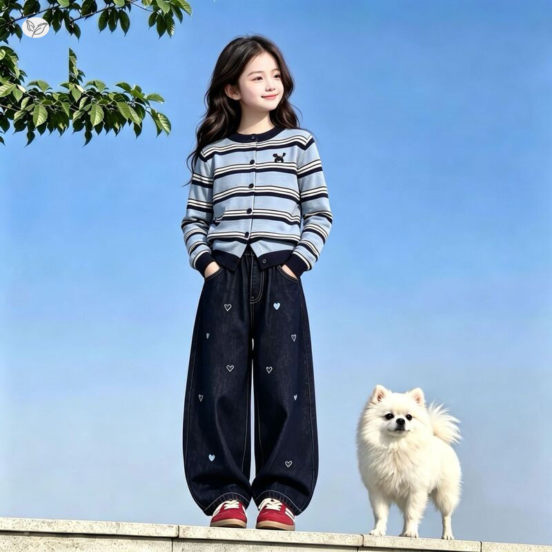女童毛衣外套套装2026秋新款中大童条纹针织开衫爱心牛仔裤阔腿裤
