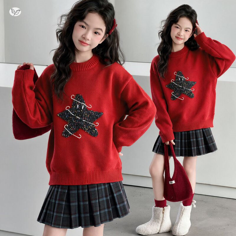 女童红色星星刺绣毛衣中大童秋冬新年款圆领针织衫洋气拜年服上衣