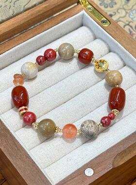 【敦煌色彩】南红朱砂珊瑚石多宝手串女中国风盐源玛瑙手链女批发