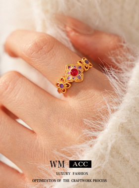 中古vintage花朵镂空戒指时尚复古精致百搭食指戒设计感小众手饰