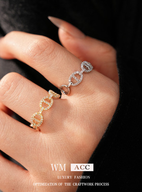 真金电镀锆石猪鼻子开口戒指小众感食指戒时尚个性冷淡风手饰