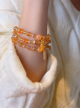 财源滚滚糖心玛瑙三层手链女轻奢小众高级感葫芦流苏吊坠水晶手串