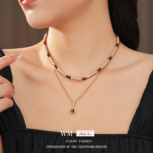 珍珠虎眼石圆形吊坠项链时尚 复古美拉德锁骨链气质小众感饰品