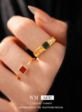 中古vintage锆石方形开口戒指小众感食指戒时尚气质轻奢手饰