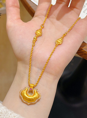 古法沙金点钻拉丝如意锁吊坠项链双面镂空平安祥云挂坠葫芦送女友