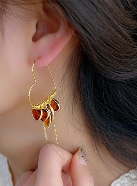 轻奢宫廷风爱心水滴流苏耳环女华丽橙色水晶夸张耳圈晚宴聚会耳饰