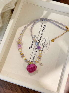 春款玫紫色真鲜花花朵项链复古项链紫水晶真珍珠颈链清新锁骨链