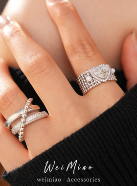 爱心锆石交叉三层开口戒指小众感精致指环冷淡风个性气质手饰