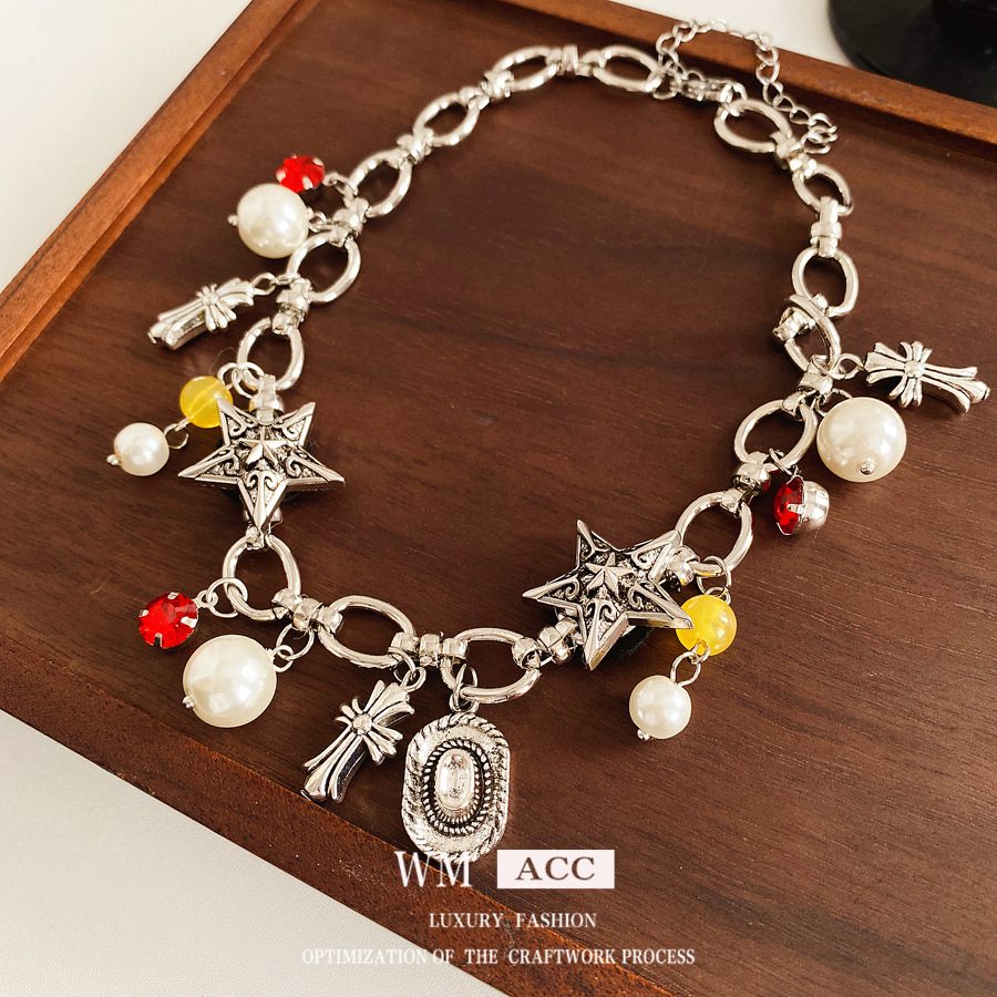 镶钻十字架星星吊坠珍珠项链时尚个性冷淡风锁骨链小众感饰品