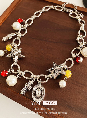 镶钻十字架星星吊坠珍珠项链时尚个性冷淡风锁骨链小众感饰品