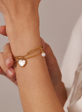 日韩首饰配饰批发轻奢个性双层钛钢珍珠手链女时尚手串爱心饰品