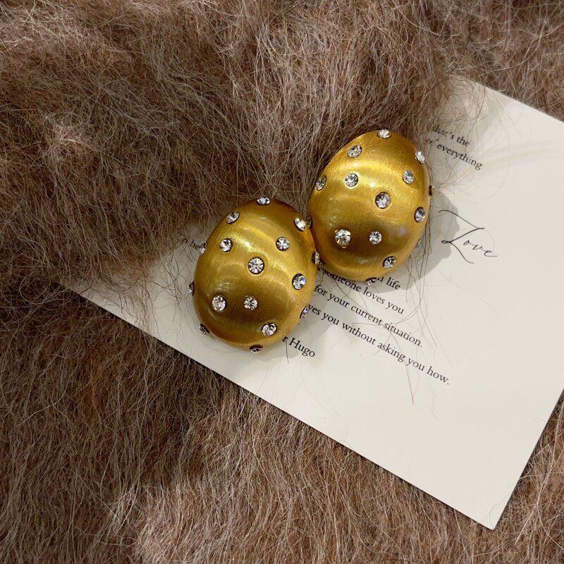 璀璨鎏光复古拉丝椭圆满钻耳钉华丽氛围感耳饰轻奢欧美名媛风耳环