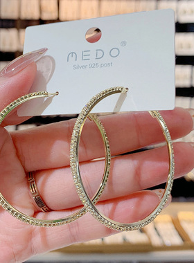 S925银针韩国微镶锆石耳圈个性圈圈耳环耳饰2025年新款潮时尚通勤