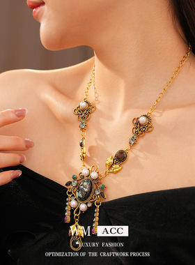 中古vintage树脂镶钻贝壳椭圆形珍珠项链轻奢小众毛衣链气质项饰