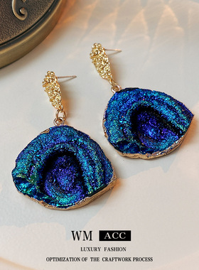 银针褶皱蓝色不规则金属耳环气质个性耳钉轻奢感耳饰厂家