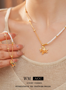 18k真金电镀串珠镶锆石小马葫芦珍珠项链轻奢小众锁骨链气质项饰