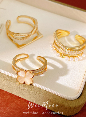 14k真金电镀锆石双层猫眼石花朵开口戒指小众高级感指环精致手饰