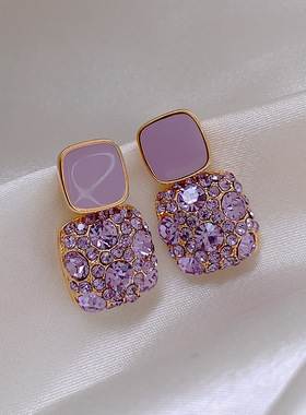韩国复古紫色方块满钻滴油耳环2025新款潮气质网红耳钉女跨境批发