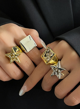 欧美小众设计闪钻方形五角星开口戒指女轻奢高级感时尚星星食指环