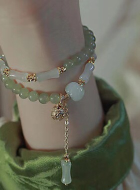 和田玉竹节手串女新中式复古高级感金丝玉南瓜串珠手链