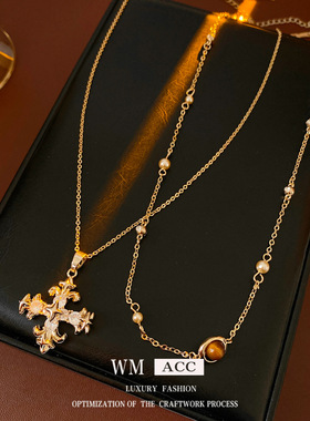 圆形镶锆石十字架虎眼石珍珠项链轻奢感毛衣链设计感小众项饰