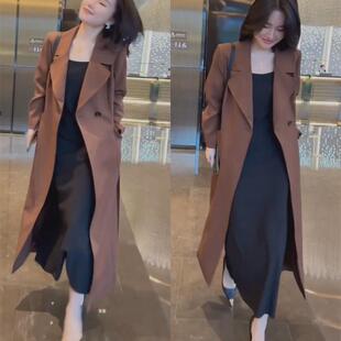 欧洲站24秋冬新款 外套 风衣女双排扣西服领高端洋气过膝纯色中长款