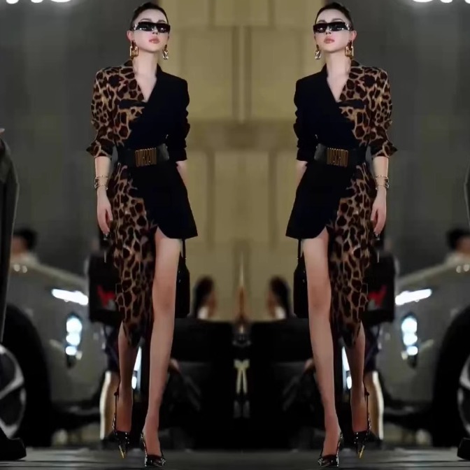 御姐范时髦豹纹拼接连衣裙设计感