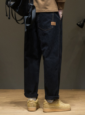 纯棉牛仔裤男黑色加大2025秋季新款美式宽松大码男士加绒直筒裤子
