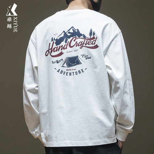 精梳棉t恤男长袖印花打底衫大码