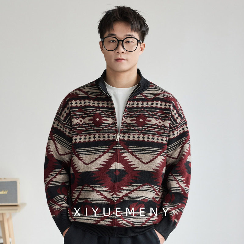 民族风提花拉链开衫立领毛衣男