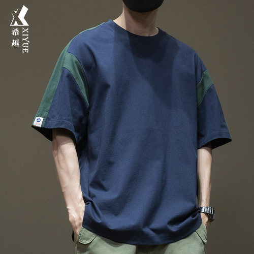 撞色拼接重磅纯棉短袖T恤加大码