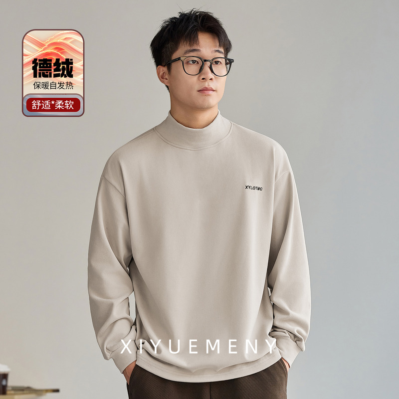 德绒高圆领保暖刺绣长袖T恤