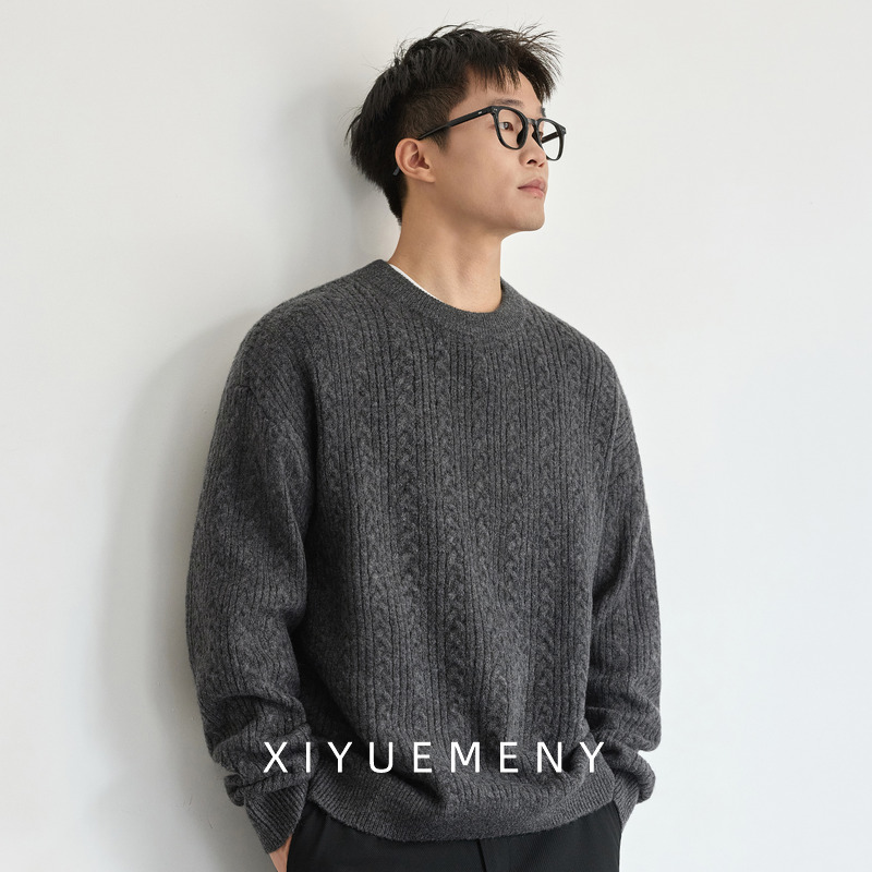 秋冬季重磅竖纹提花圆领毛衣男士2025新款宽松大码休闲百搭针织衫